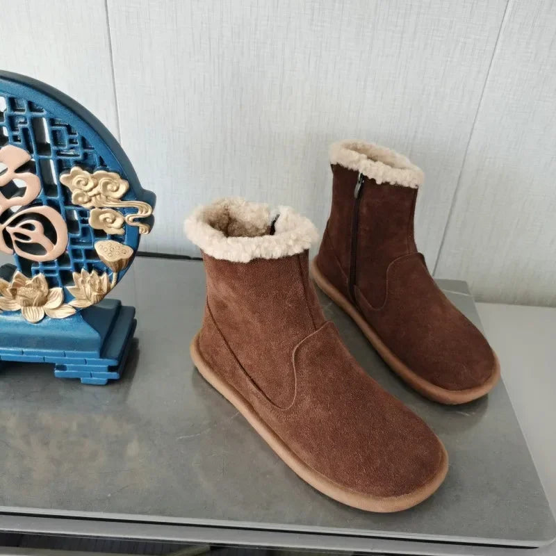 Careaymade-Genuine cow leather Snow cotton round head flats woolen short boots plush warm snow boots Oversized shoes size 35-43