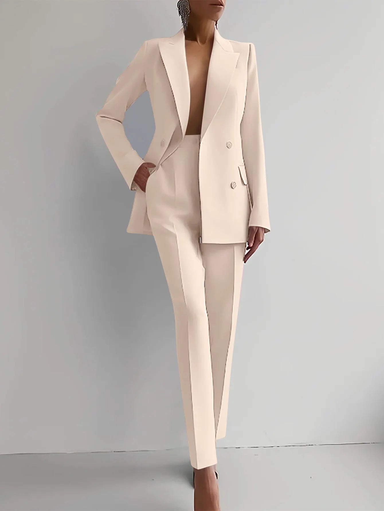 Spring Casual Long Sleeve Two Piece Blazer Pants Suit For Women Office Wear