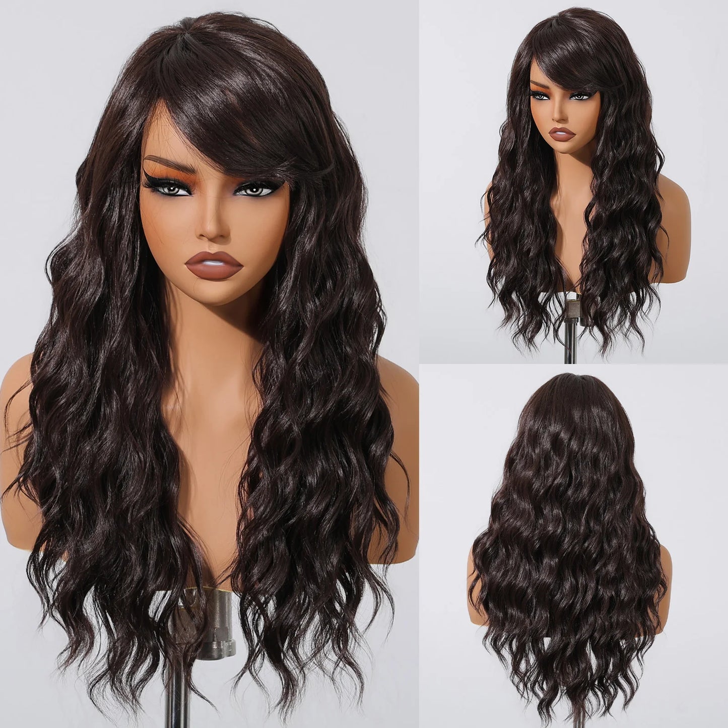 EASIHAIR Dark Brown Long Curly Synthetic Wig with Bangs Brown Women's Wigs for Cosplay Daily Use Heat Resistant Natural Hair