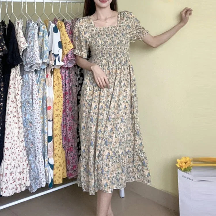 Women’s floral chiffon dress with elastic waist, short sleeves, A-line midi