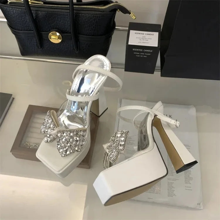 Luxury Rhinestone Transparent Platform Sandals Women Open Toe Summer Fashion Slingback Party Dress Shoes Crystal Bow High Heels