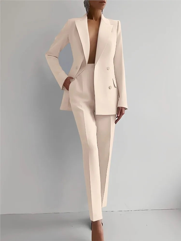 Spring Casual Long Sleeve Two Piece Blazer Pants Suit For Women Office Wear