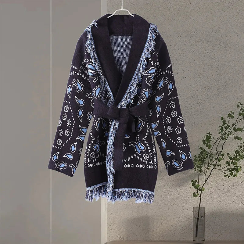 Elegant Print Tassel Cardigan Women Belt V-neck Long Sleeve Loose Knitted Sweaters Female 2025 Autumn Winter Chic Knitwears Lady