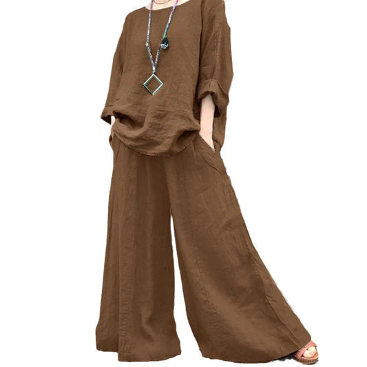 Casual Cotton Linen Pant Sets Women's O Neck Long Sleeve Blouses Wide Leg Pants Culottes 2piece Autumn Retro Loose Female Suit