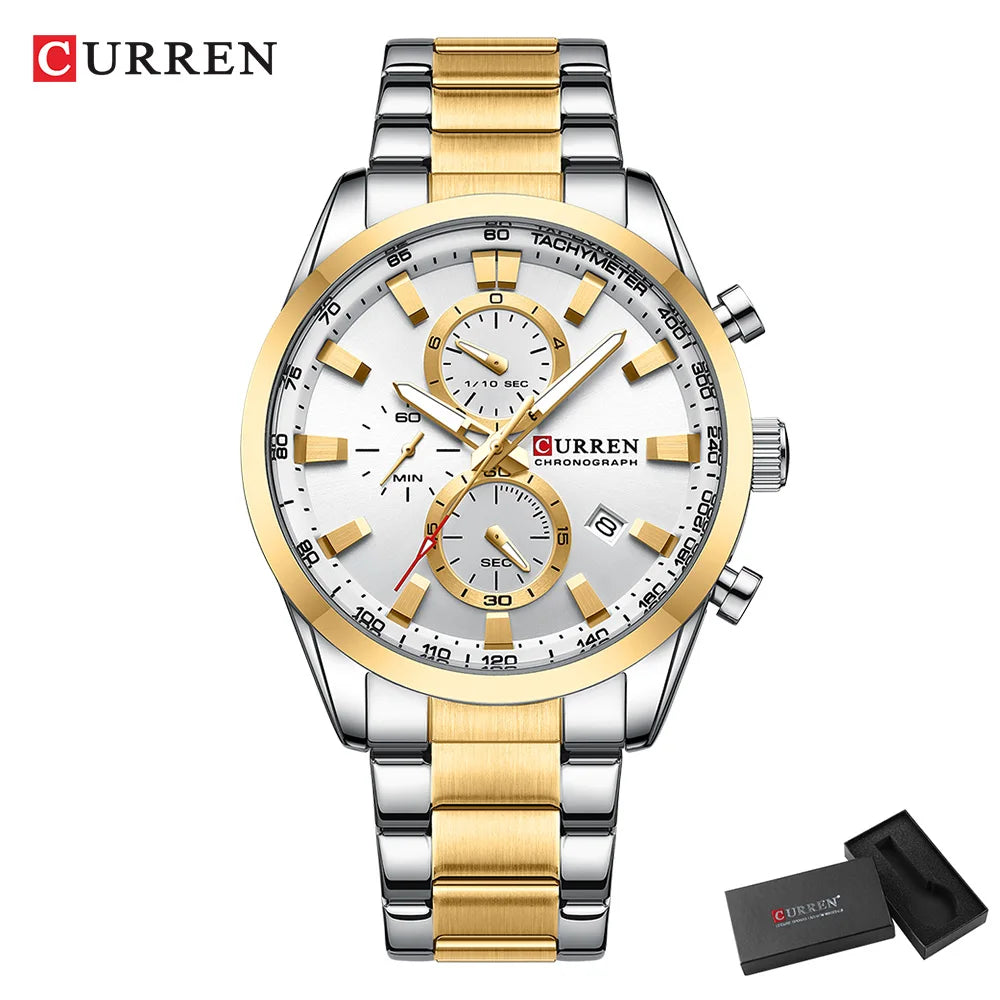 CURREN  New Sports Multifunction Stainless Steel Band Watches Fashion Brand Quartz Men's Wristwatches with Date