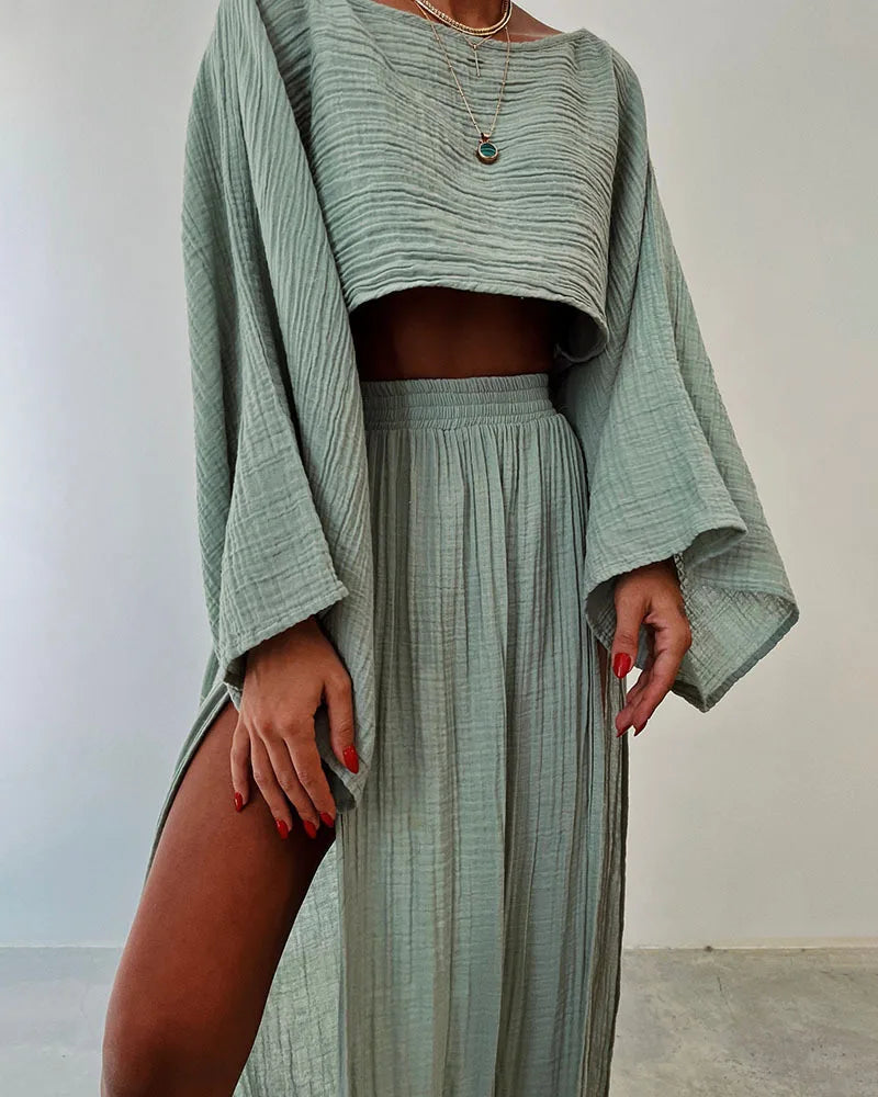 Casual Holiday Style Simple Solid Color Skirt Set Linen Blended Short Top High Waist Chic Split Cotton Linen Two-piece Set