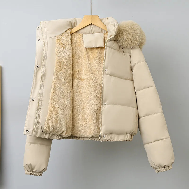 Short Coats Women Parkas Hooded Fur Collar Jackets Thick Warm Y2k Streetwear Elegant Jacket Work Coat Autumn Winter 2025