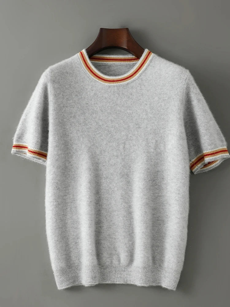 2026 Summer New Fashion O-Neck 100% Wool Knit Short Sleeve Spliced Business Casual T-Shirts Men's Clothing Loose England Tees