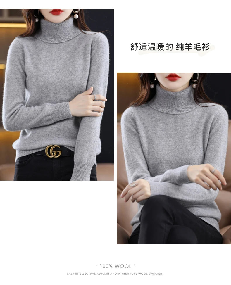 100% Merino Wool High Turnover Collar Knitted Sweater For Women's Autumn And Winter Warm Top Elegant 2YS Versatile Jiu Jia 206
