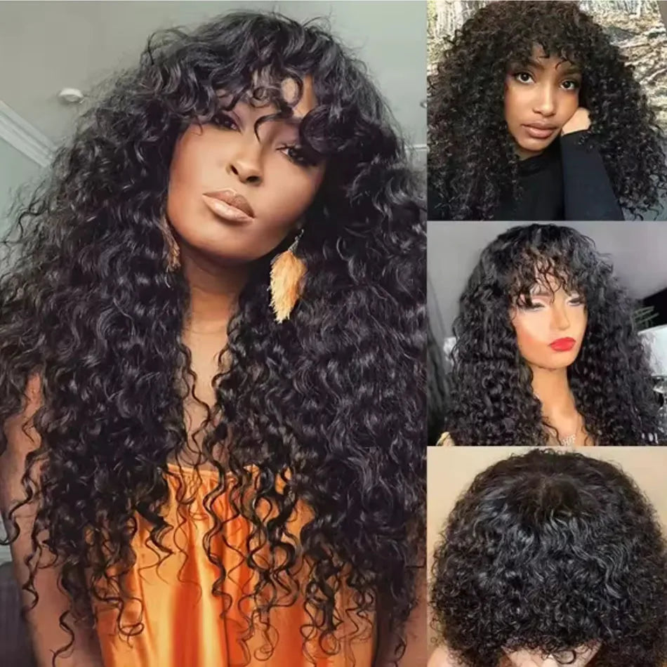 Water Wave Brazilian Human Hair Wig With Bangs Wear And Go Full Machine Made Wigs for Black Women Deep Wave Curly Wigs Glueless