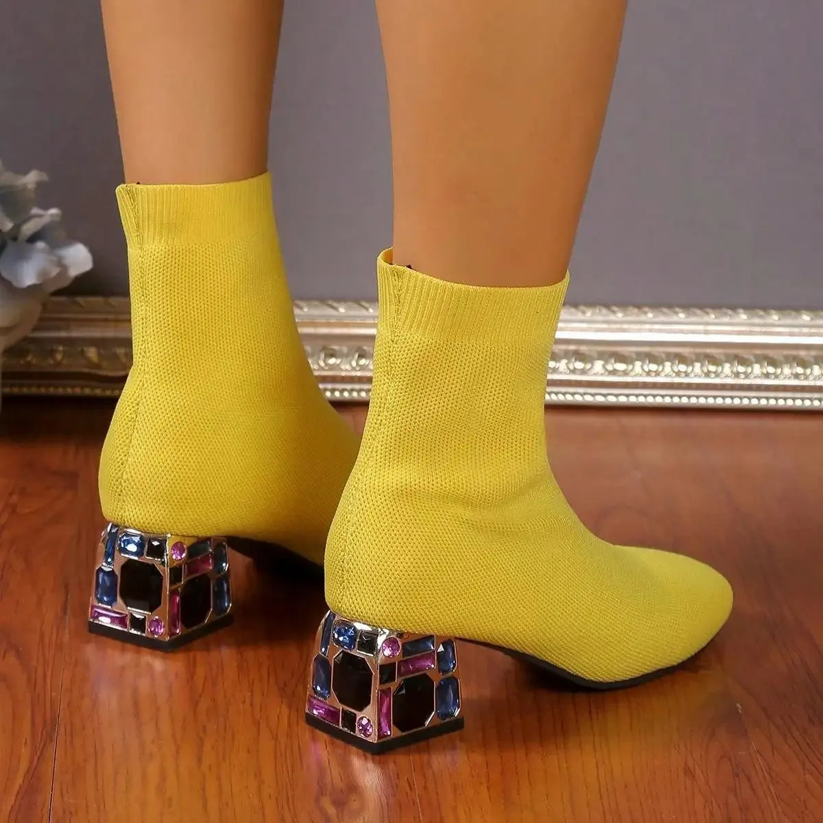 Women Hot Sale High Heels Short Boots 2023 Winter Designer Square Toe Mesh Breathable Stretch Sock Boots Slip on Platform Shoes