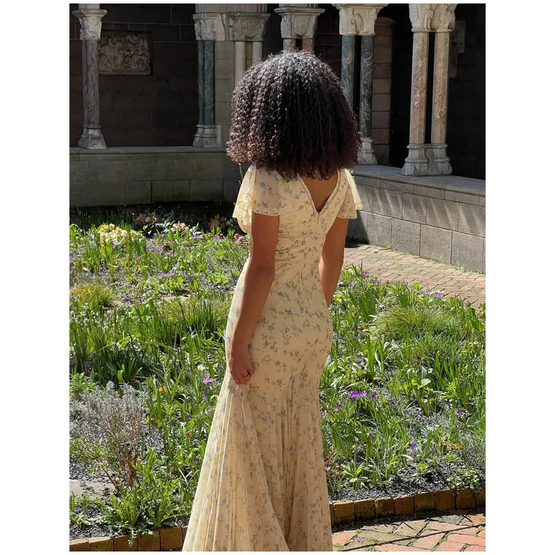 Women Elegant Printed Fishtail Dress Sexy V-neck Short Sleeve Waist-cinching Pleated Slim Maxi Dresses 2026 Lady Vacation Robe