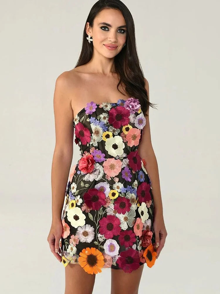 Women's 3D Floral Embroidery Backless Sleeveless Mini Dress Self Tie Evening Gown Elegant Short Dress for Party Cocktail Wedding