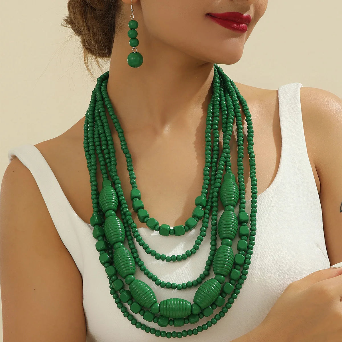 Colorful African Style Multi-Layer Wooden Bead Jewelry Sets Chokers Necklace Colorful Bohemian Necklace Earrings Set Party Jewel
