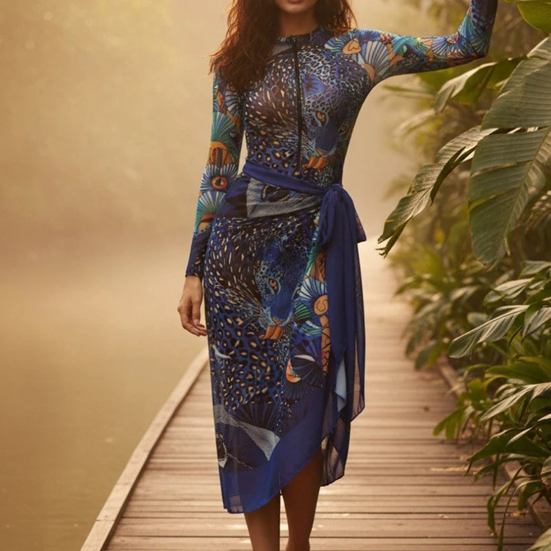 Fashion Print One-Piece Beachwear Suit Women Casual Long Sleeve Slim 2Pc Sets Elegant O-neck Zipper Swimsuit With Skirt Outfits