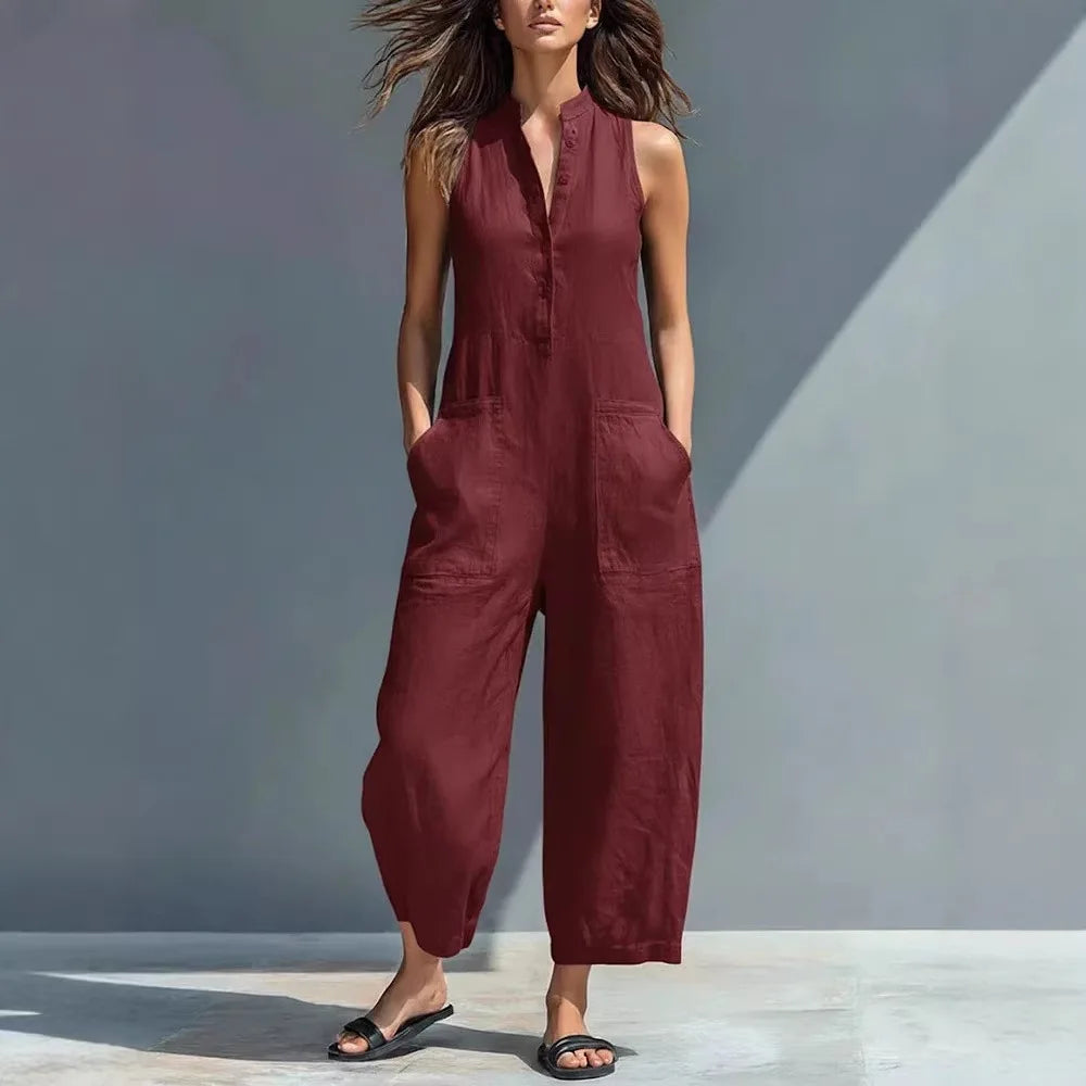 Summer Casual Sleeveless Stand Up Collar Pocket Jumpsuits Women Macacão Feminino Combinaison Femme Monos De Mujer Casuales
