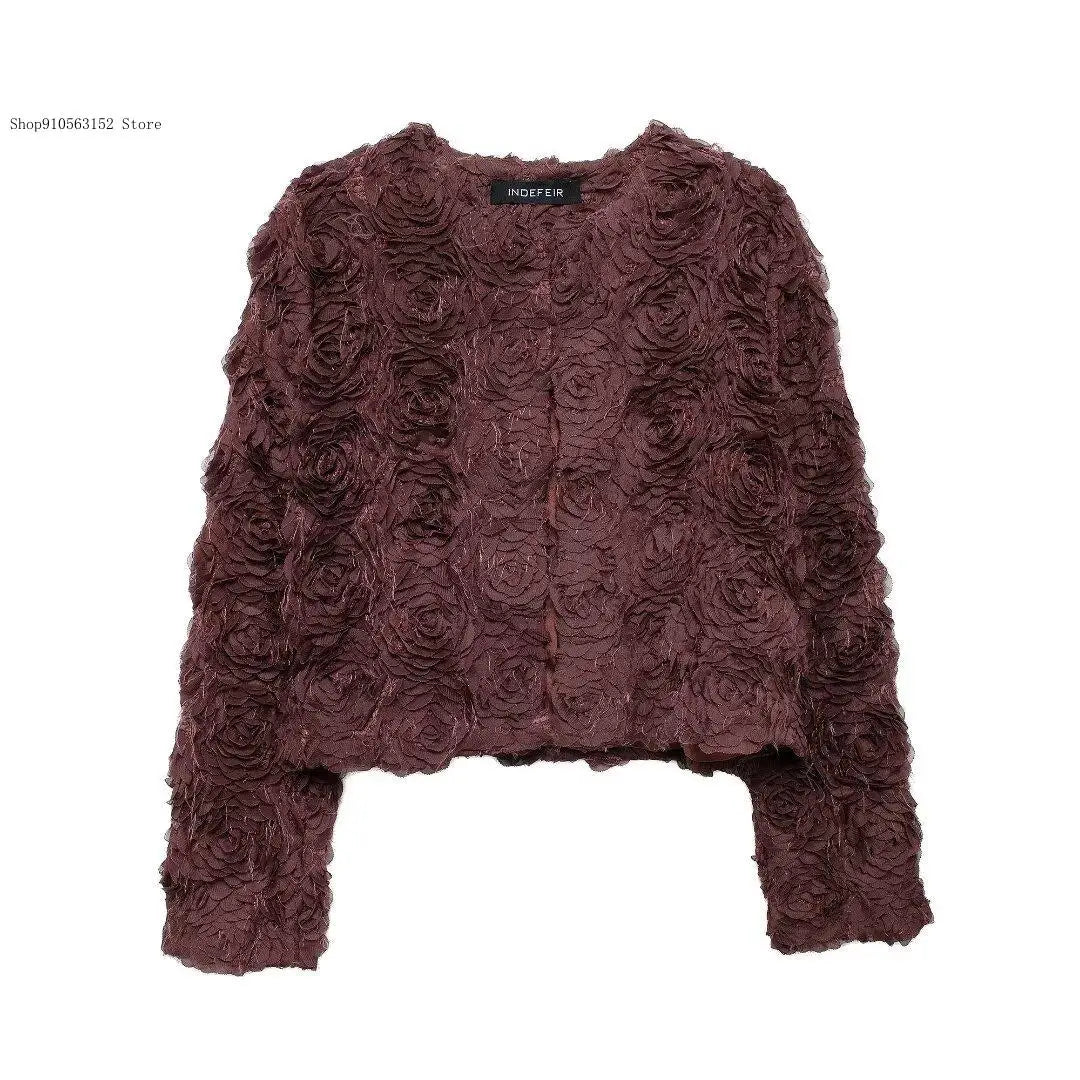 Spring and Autumn Simple Pure Color Round Neck Tops with Three-Dimensional Flower Shaped Texture Long Sleeved Jacket for Women