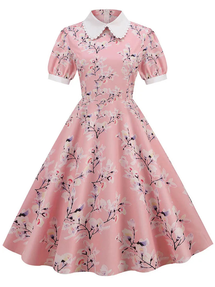 Women Vintage Dress Floral Print Peter pan Collar Elegant Party Dress Puff Short Sleeve Pin Up 50s Party Sundress 3XL