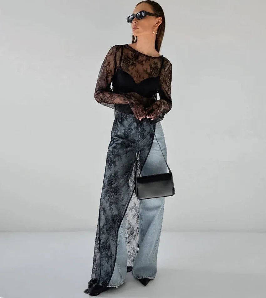 Fashion Perspective Sexy Long Blouses O-Neck Women Long Sleeve Irregular Lace Pullover Tops High Street Female 2024