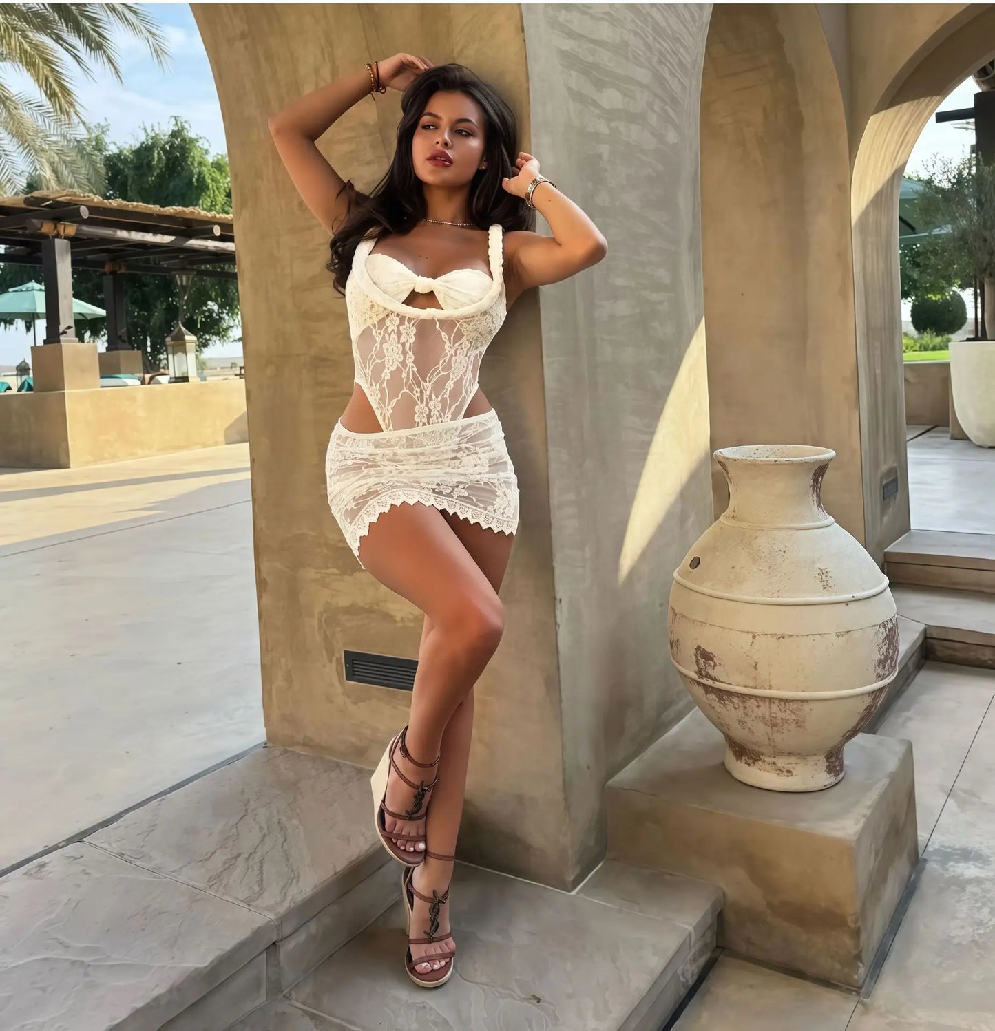 Beach Vacation Style Solid Color Lace Two-piece Set for Women 2026 New One-word Neck Sleeveless Swimsuit Short Skirt