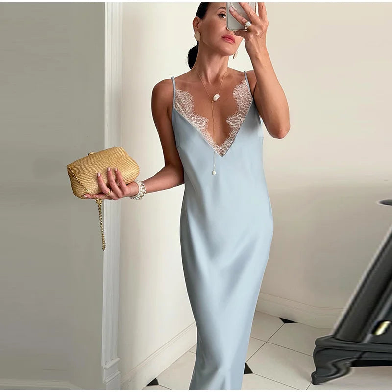 Summer Satin Lace Spliced Long Dress Women V Neck Sleeveless Waist Cinching Strap Dresses 2026 Lady Casual Solid Party Robe