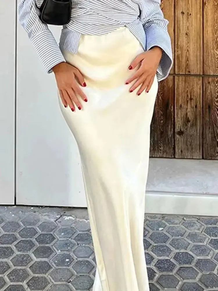 HH Women Fashion Vintage Solid Skirt Satin Slim Elastic Waist Midi Skirts Office Lady Wear Elegant Woman Chic Mermaid Skirt