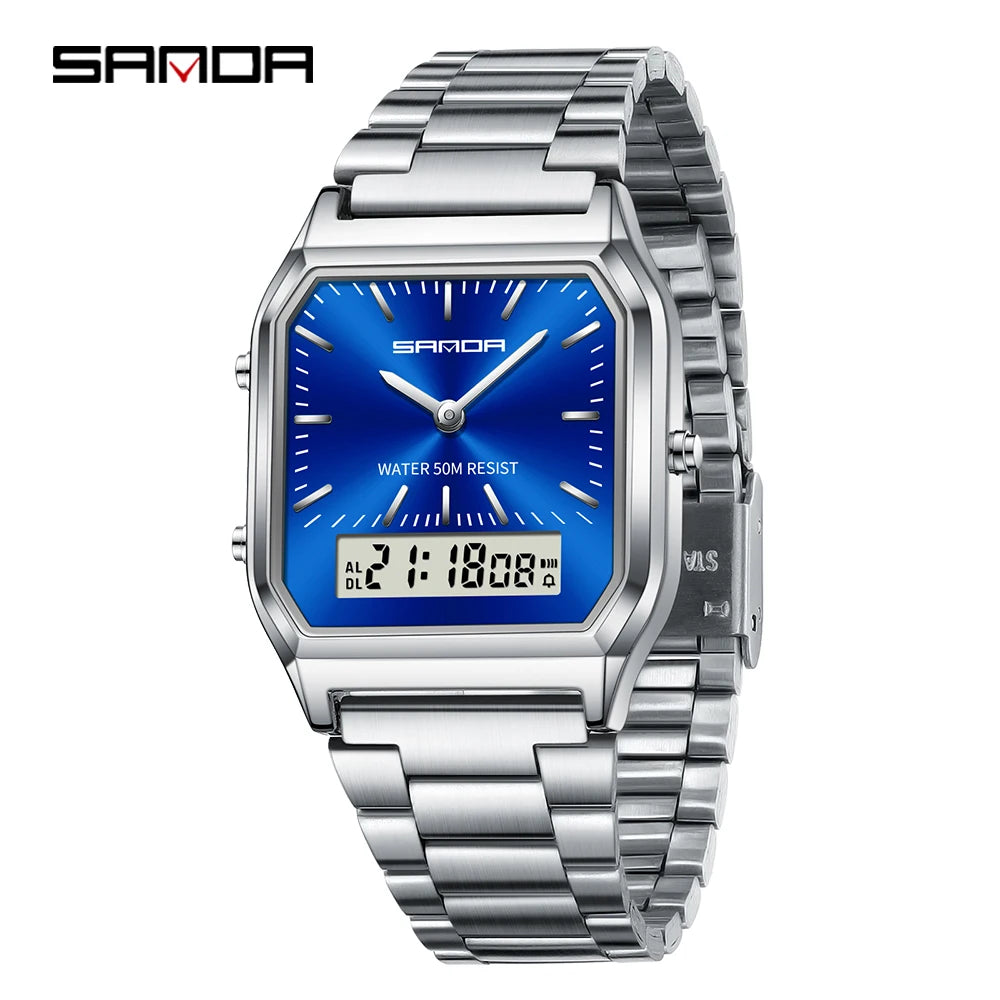 SANDA Men's and Women Watch Fashion Watches Business Style Alarm Clock Man Digital Wristwatch Square Dial Stainless Steel Strap