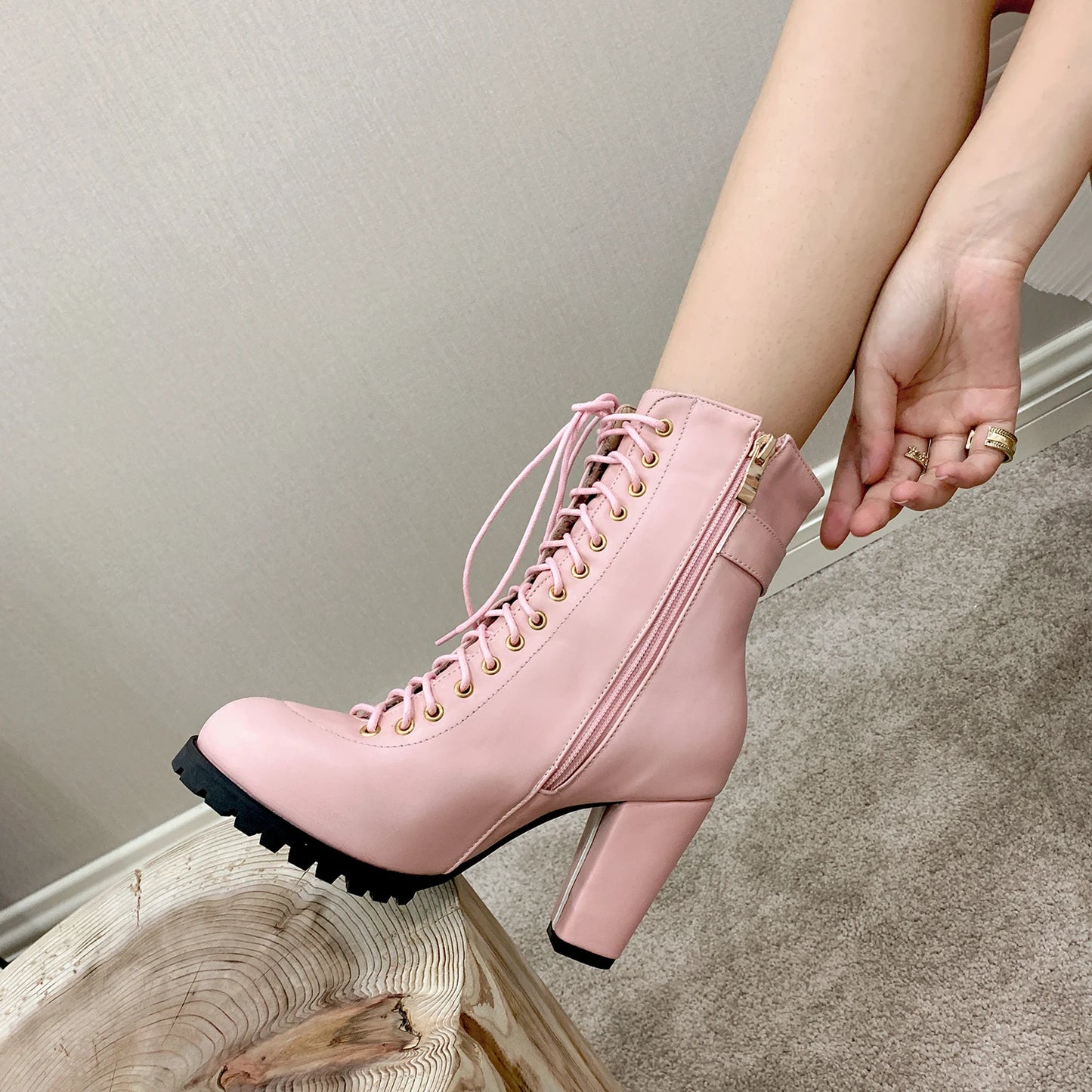 Women's Autumn Lace-Up Chunky Heel Ankle Boots with Belt Buckle Side Zipper High Heels Booties Lace Up Design Classic Lolita