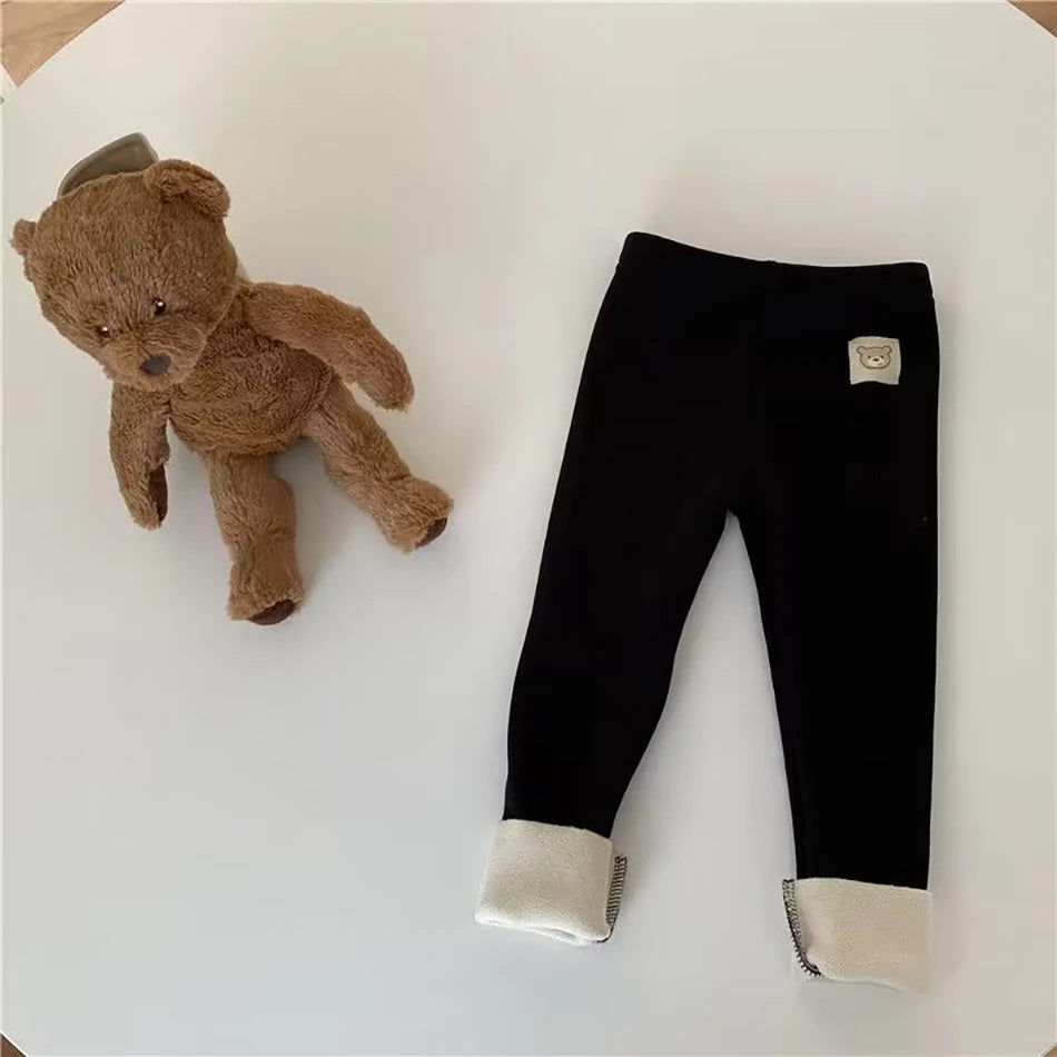 Plush Pants for Kids 1-8 Years Soft Warm Solid Color with Animal Cartoons Stretchy Comfy Winter Trousers for Boys and Girls