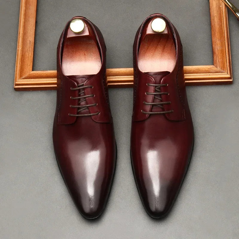 Leather shoes for men, lace up shoes for men, pointy, leather, high-end wedding, dress, Oxford, Lefu shoes, large, British style