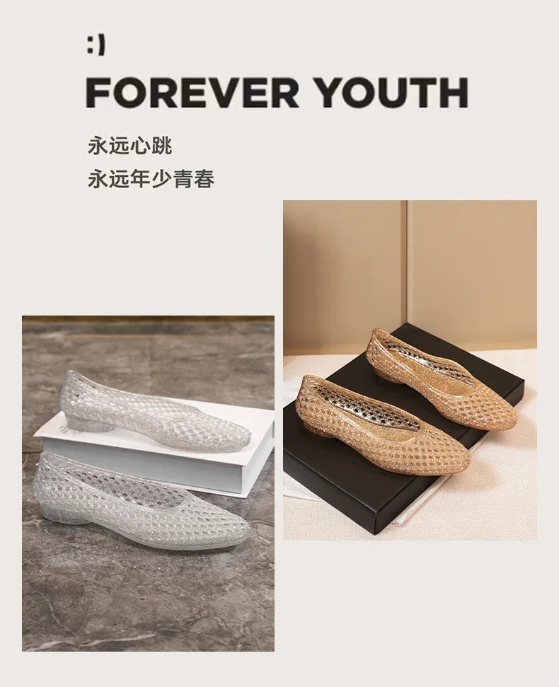 Summer Flat Sandals Women Hollow Out Crystal Plastic Jelly Shoes Mesh Outdoor Sandals