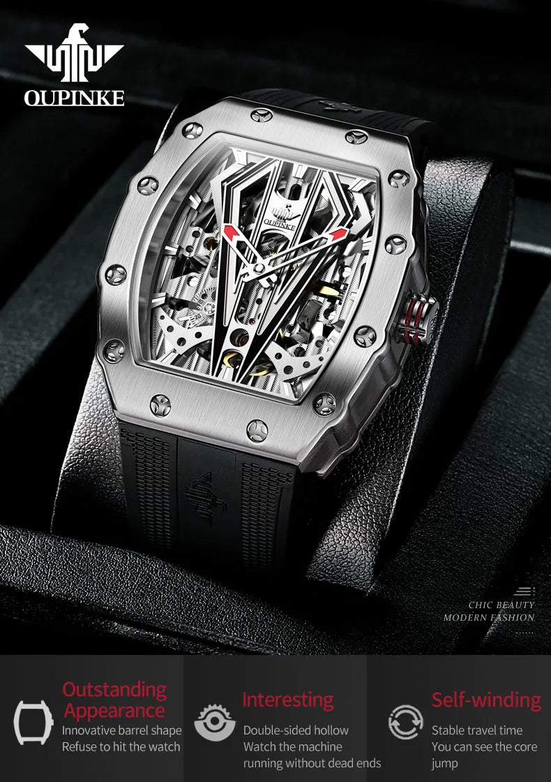 OUPINKE 3179 Automatic Watches for Man Silicone Strap Sapphire Mirror Waterproof Skeleton Tonneau Mechanical Men's Wristwatches
