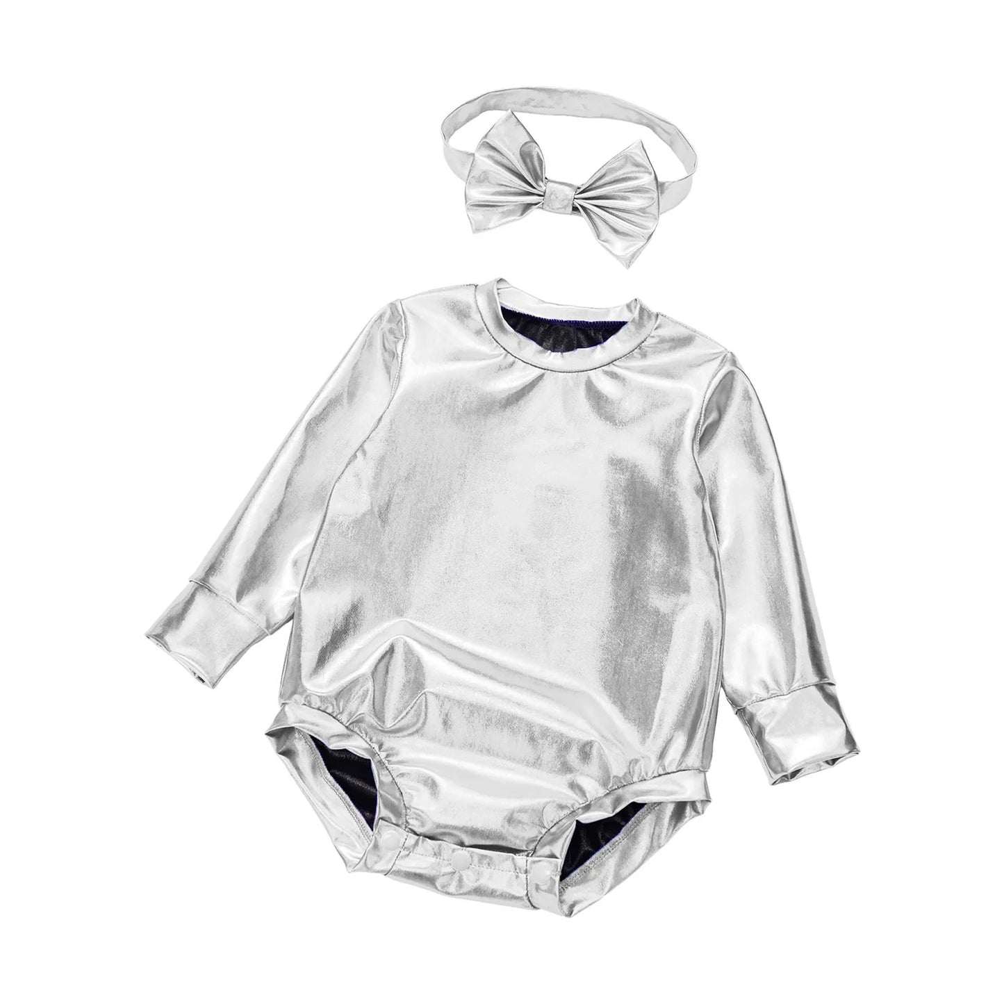 Baby Girls Long Sleeve Metallic Shiny Buttons Crotch Romper with Bow Headband Birthday Theme Party Photography Outfit Daily Wear