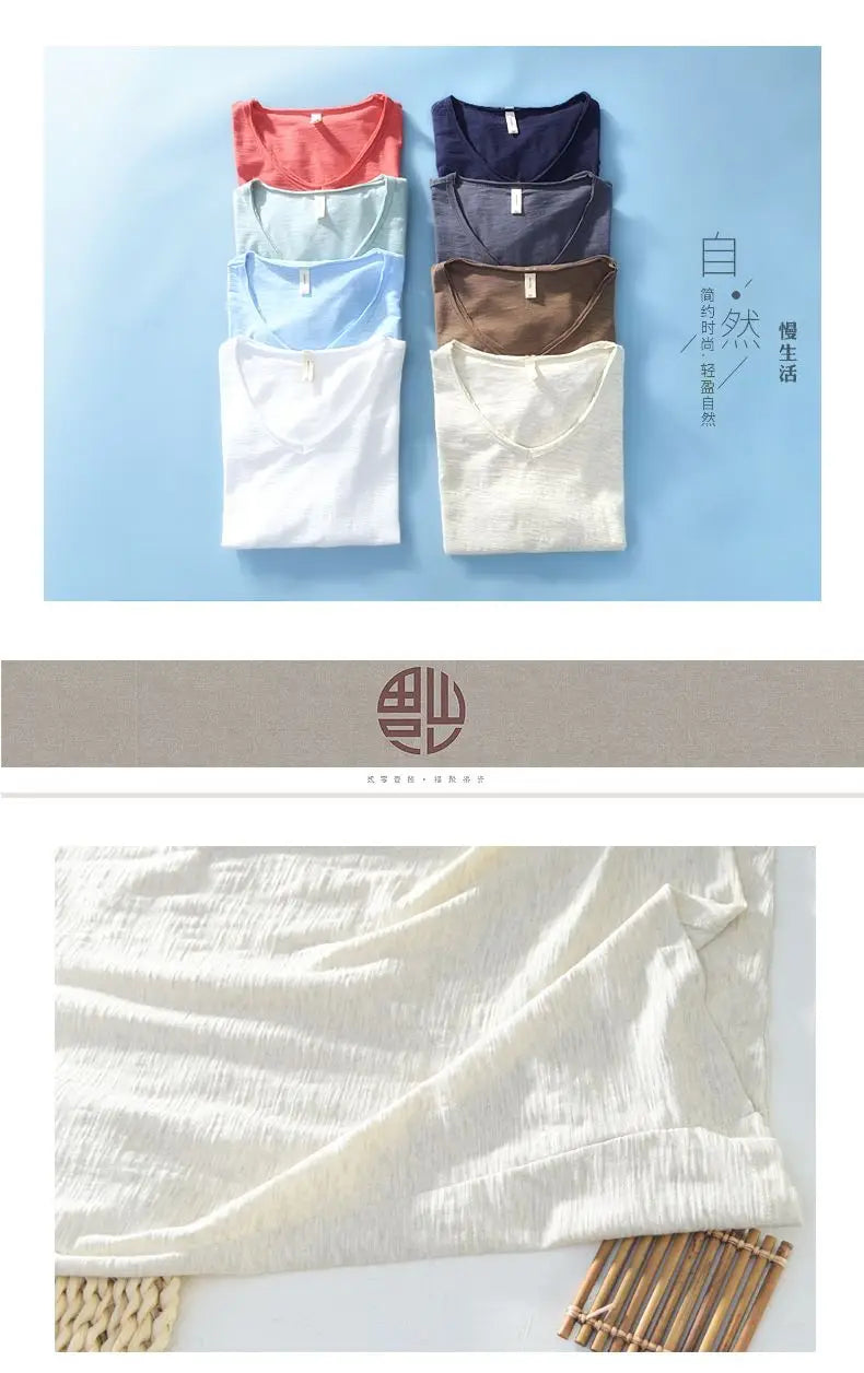 2023 Summer New 100% Cotton White T-shirt Male V-neck Solid Color Casual T Shirt Basic Tees Plus Size 3XL Short Sleeve Tops