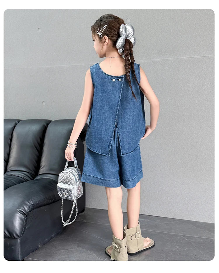 High Fashion Children Summer Denim Suit for Girls Casual Vest + Shorts 2 Piece Clothing Set Kids Trendy Street Outfit Age 5-14 Y