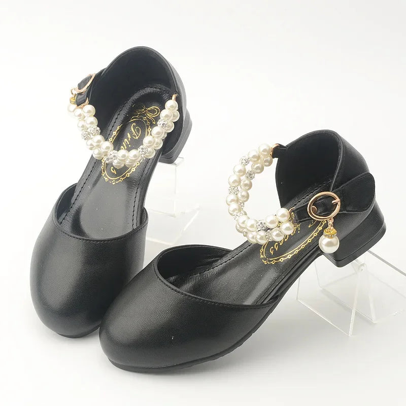 Pink Black White Party Wedding Shoes Children's High Heels Girl Shoe Elegan Pearl Princess Dress Girls Heel Shoes Child 2024 New