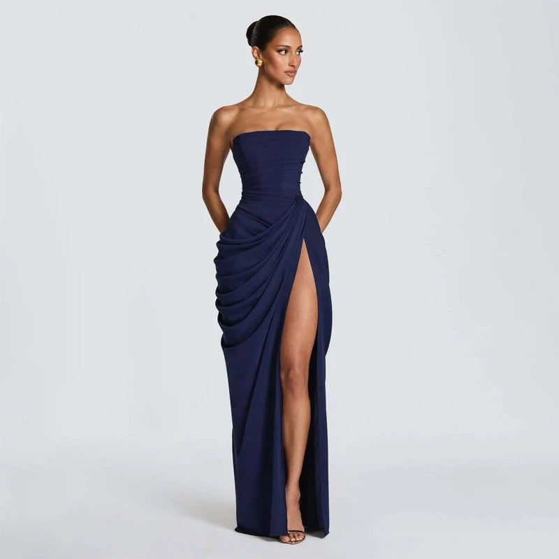 Women Sexy Solid Pleated Strapless Dress Lady Chic Off-shoulder Backless High Waist Split Dresses 2026 New Evening Party Gown