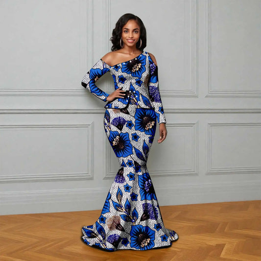 African Ankara Printed Fabric Women's Dress Skew Collar Long Sleeve Floor-Length Dress Elegant fashion 2625007