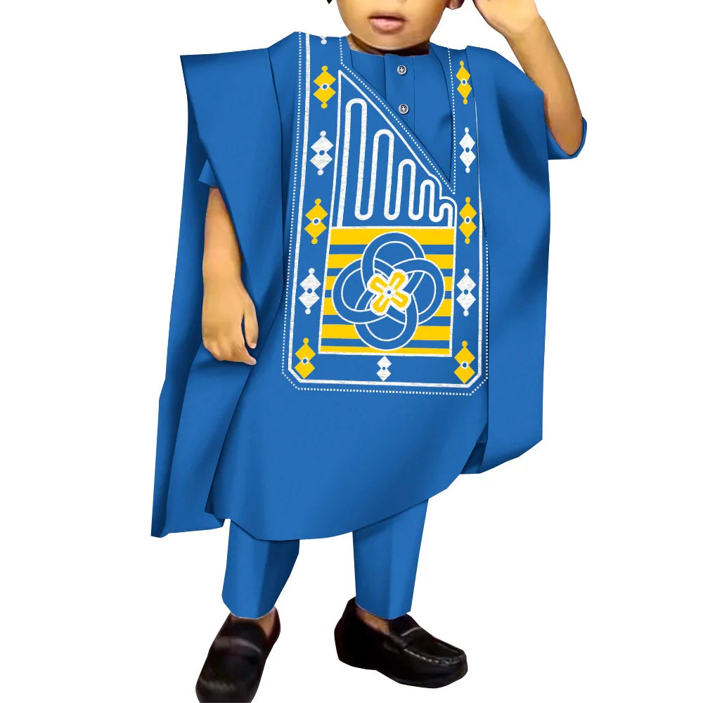 African Boy Embroidered Robe Set Children's Dress Gown Shirt and Trousers Three-piece Boys Traditional Clothing Party Wedding