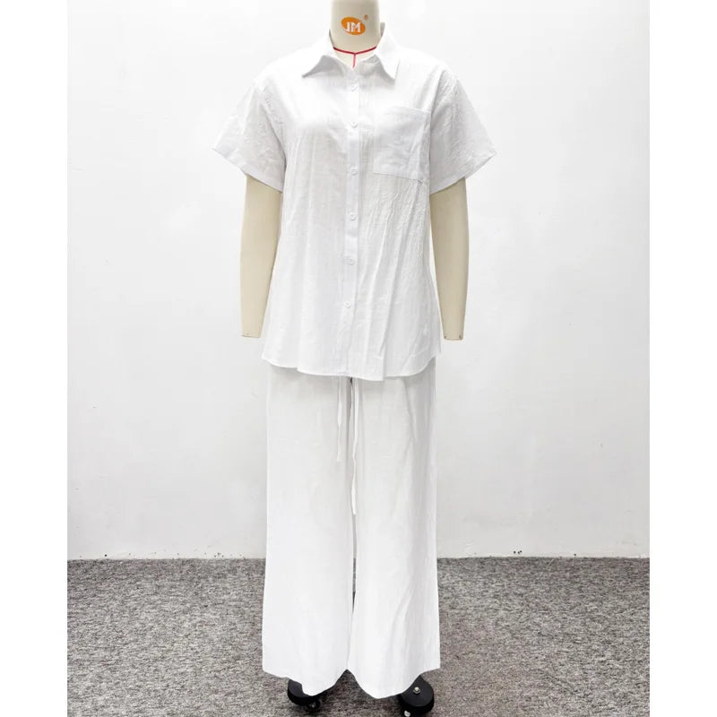 African Fashion Casual Solid Women Pant Sets Two Pieces Matching Set Short Sleeves Loose Shirt Elastic Waist Pants Set