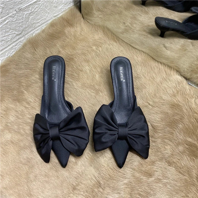 2024 Spring Pointed Toe Stiletto Heel Kitten Heels Bow Heel-Free Slippers for Women