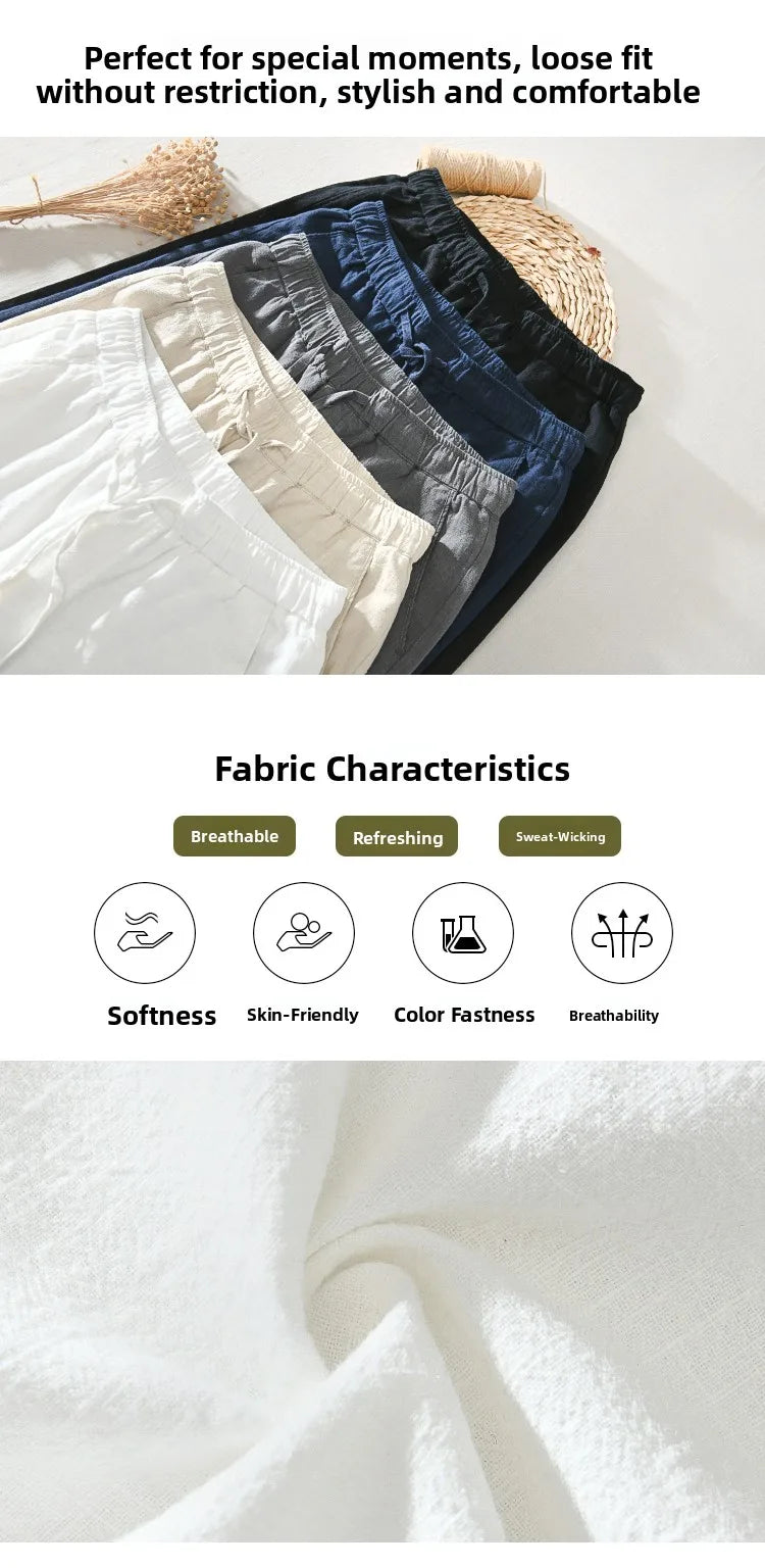 Summer Thin Cotton Linen Straight Leg Casual Pants Men's Loose Fit Drawstring Elastic Waist Nine Point Pants Breathable Youth...