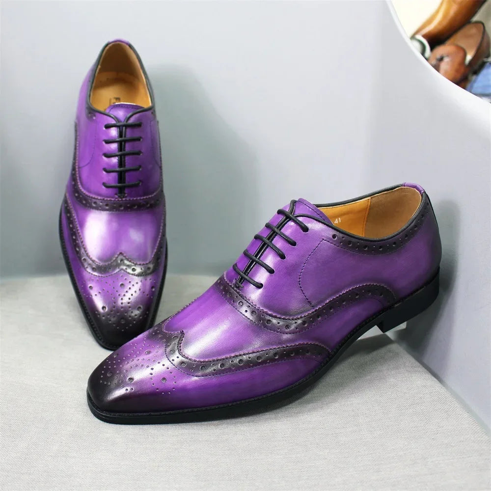 Noble Purple Handmade Mens Brogue Carved Leather Shoes Genuine Leather Men's Dress Shoes Classic Business Formal Shoes for Men