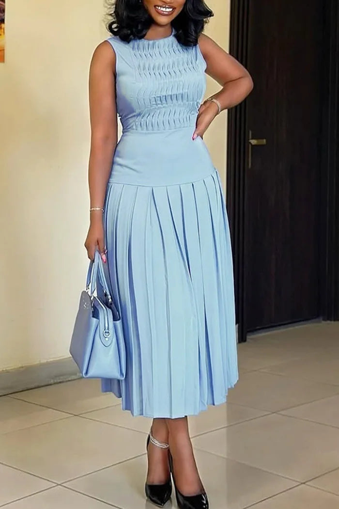 Vestido De Noche Elegante Mujer Sleeveless Round Neck Vest Long Pleated Dress Spring Summer Womens New Solid Color Evening Dress