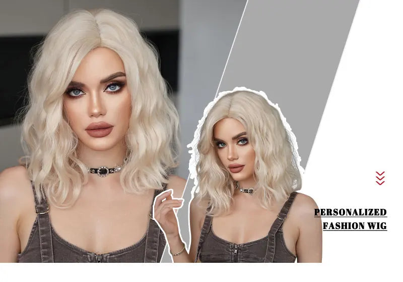 NAMM High Density Synthetic Middle Part Blonde White Wig For Women Daily Short Wavy Bob Wigs With Curtain Bangs Glueless Wig