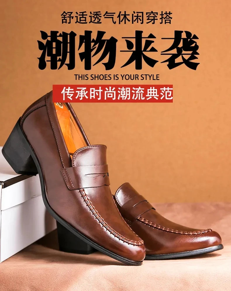 Men Retro Dress Shoes Black Brown Medium High Heels European and American Business Banquet Cuban Leather Shoes Size 38-45