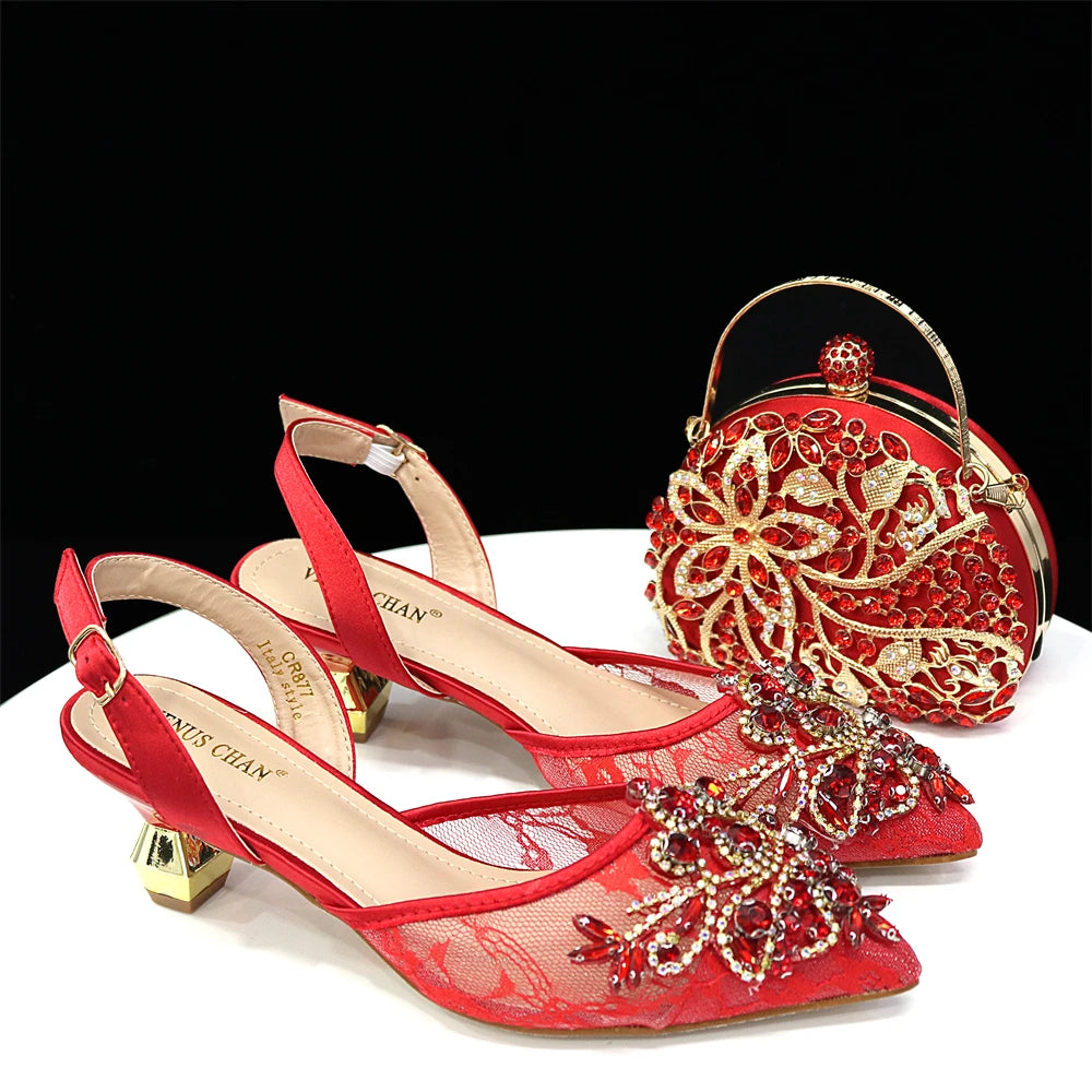 African Fachion Evening Shoes And Matching Bags Italian Design Ladies Diamond Bag High-Heeled Pointed Toe Women's Shoes