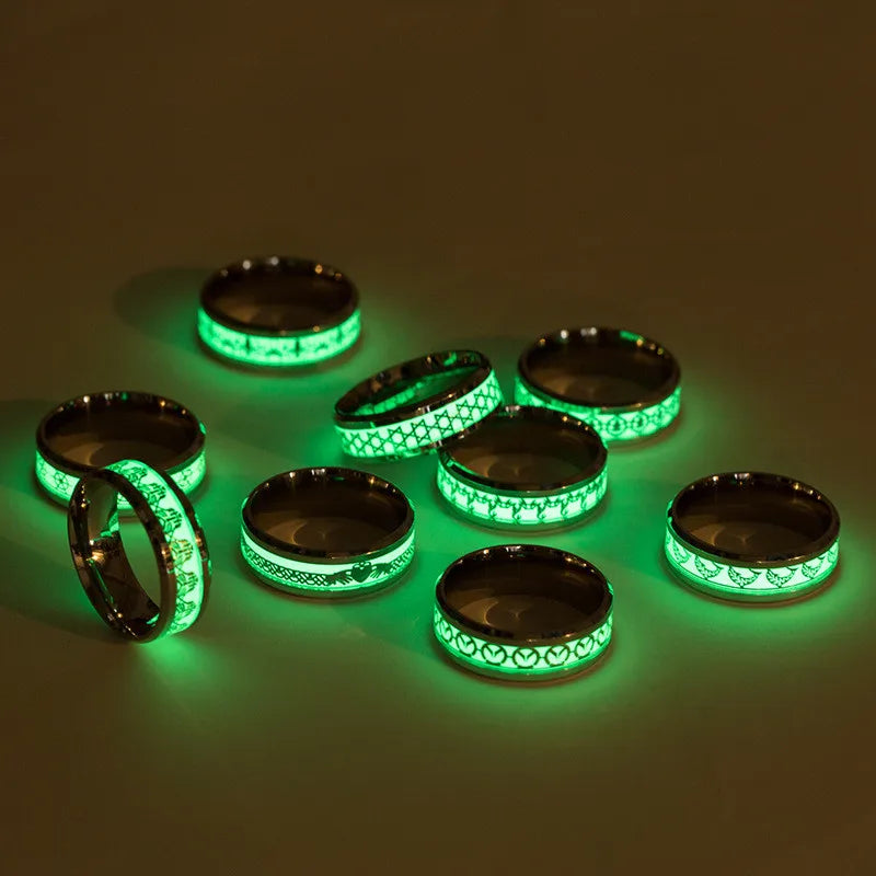 Fashion Love Heart Luminous Finger Ring ECG Stainless Steel Glowing In Dark Music Dragon Couple Rings for Boy Girls Wedding Gift