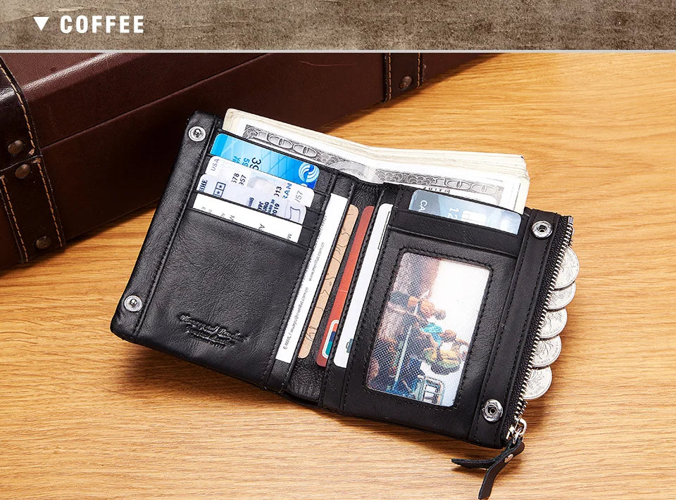 LAREET RFID Senior Short Wallet For Men Genuine Leather Wallets With Card Holder Bifold Zip Coin Pocket Small Billetera Hombre