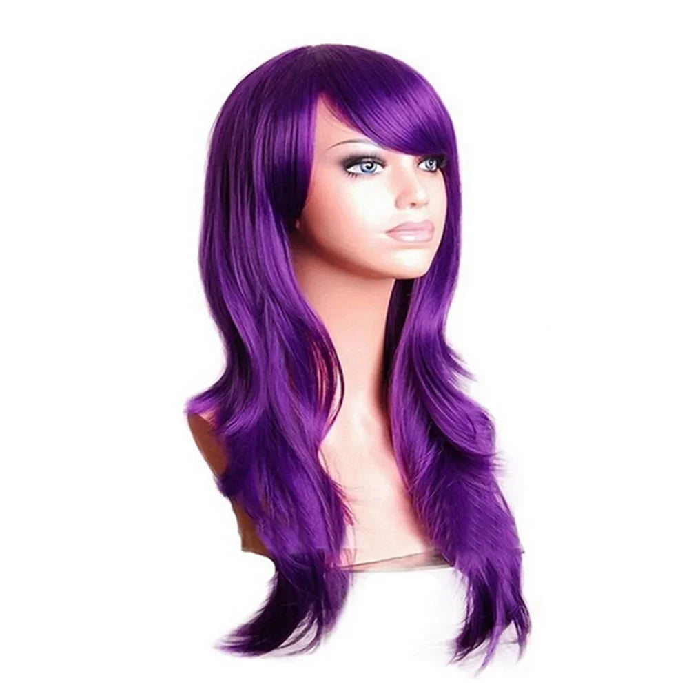 QQXCAIW Long Wavy Cosplay Wig Red Green Purple Pink Black Blue Sliver Gray Blonde Brown 70 Cm Synthetic Hair Wigs